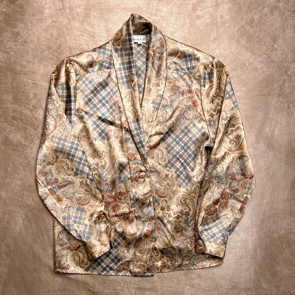 Vintage 80s Russ Satin Rocaille Floral Plaid Print Blouse Button Up Steampunk - Picture 1 of 6